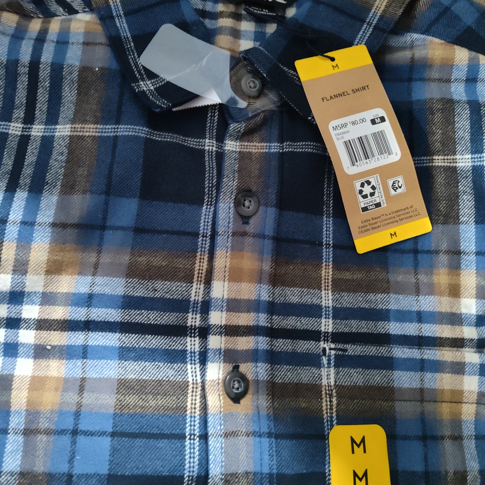 Eddie Bauer Blue and Tan Plaid Flannel Shirt